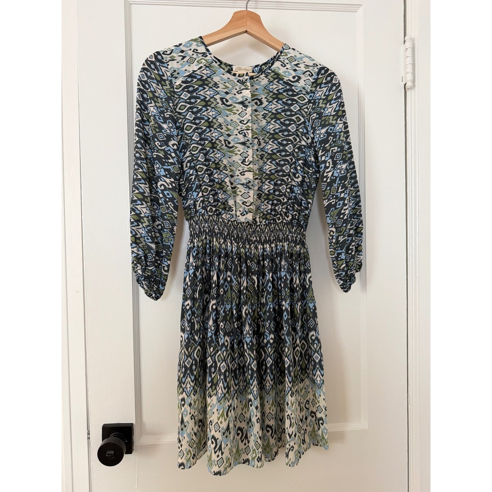 Shoshanna Mirza Smocked Waist Mini‎ Dress Size 0 Blue Geo Ikat EUC 3/4 Sleeves